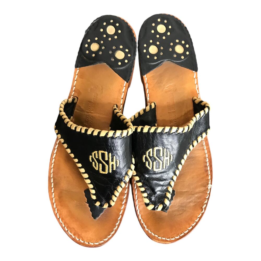Stephen Bonanno Sandals Womens Sz 8.5 Black Beige Leather Flat‎ SSH Monogram